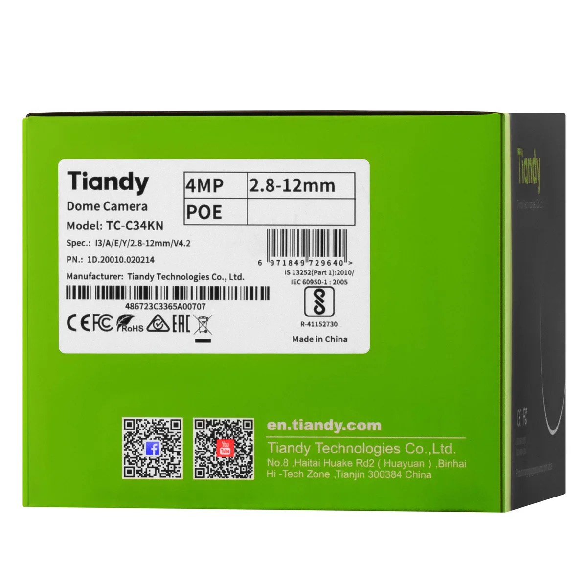 IP-камера Tiandy TC-C34KN Спецификация: I3/A/E/Y/2.8-12mm/V4.2, 4MP, купольная, 2.8-12mm AVF, f/1.6, IR30m, PoE, IP66