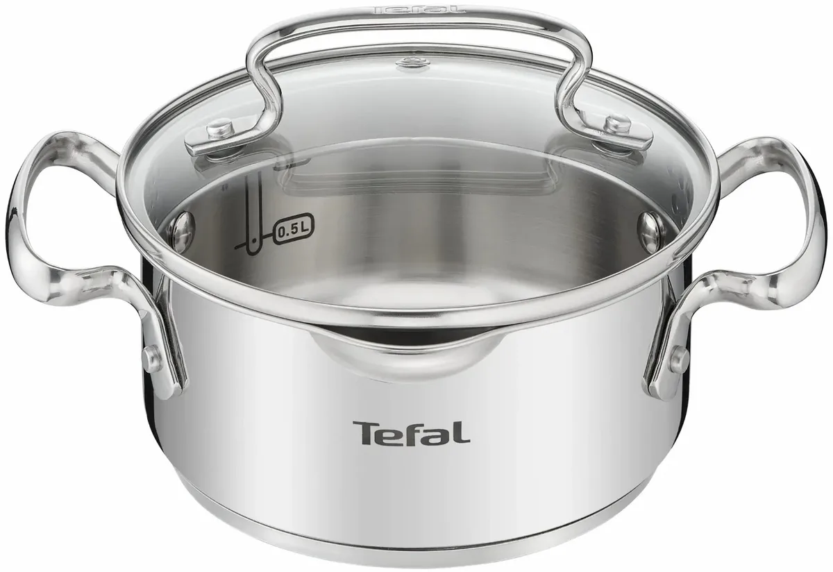 Каструля Tefal DUETTO+, об'ємом 1.5л, з кришкою, виготовлена з нержавіючої сталі та скла.