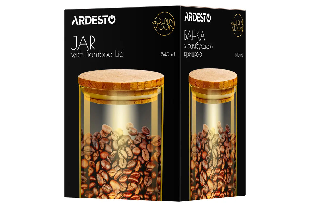 Контейнер для зберігання ARDESTO Golden Moon, 540 мл, скло, бамбук, круглий, золотистий.