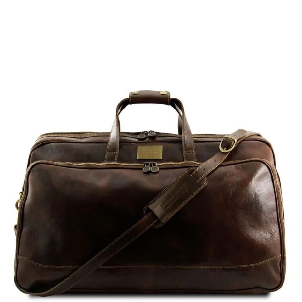 Кожаная дорожня сумка на колесах Tuscany Leather темно-коричнева унісекс для подорожей і поїздок валіза.