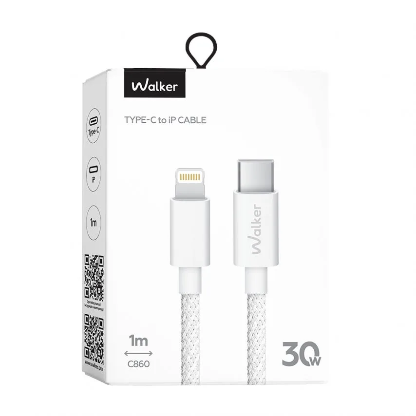 Кабель USB Type-C to Lightning 30W тканинний 1м білий