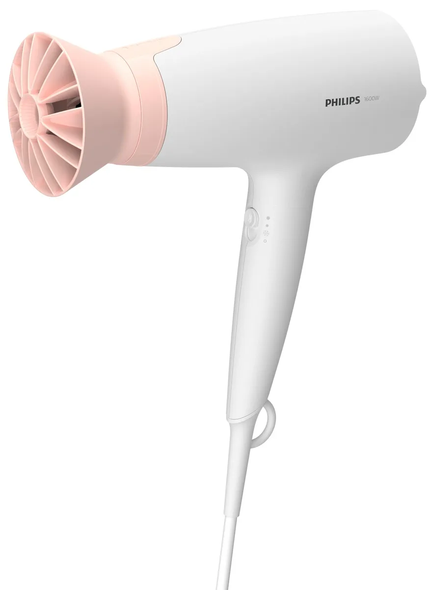 Фен Philips 3000 Series, потужність 1600Вт, 3 температурних режими, насадка ThermoProtect, білий з рожевим.