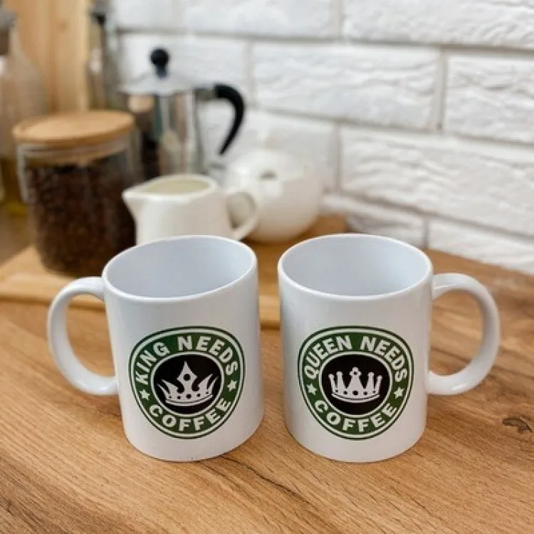 Парні чашки кераміка 330 мл білі King Needs Coffee Queen Needs Coffee