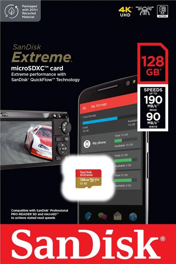Карта памяти SanDisk microSD 128GB C10 UHS-I U3 R190/W90MB/s Extreme V30