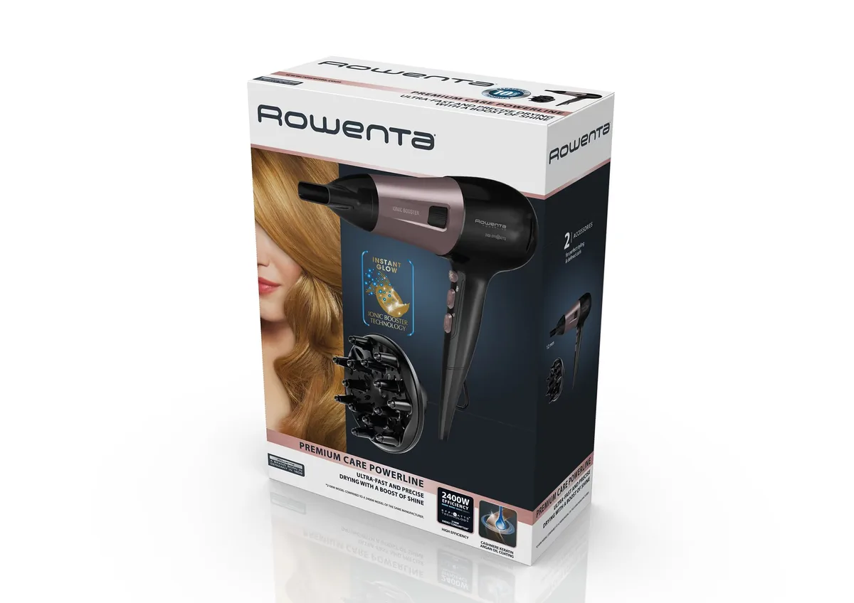 Фен Rowenta Powerline, 2400 Вт, 3 скорости, диффузор, ионизация, холодный обдув, черный с розовыми акцентами