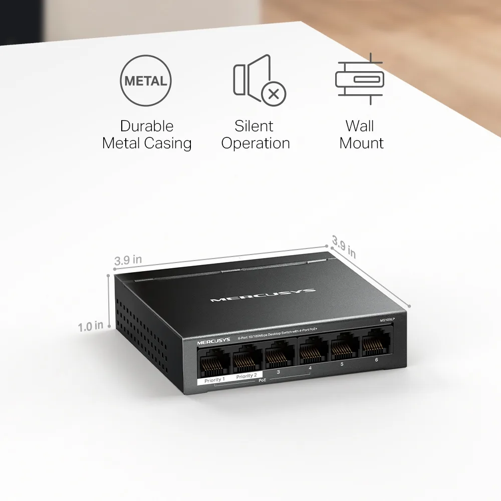 Комутатор MERCUSYS MS106LP 6xFE (4xPoE), 40Вт, Некерований