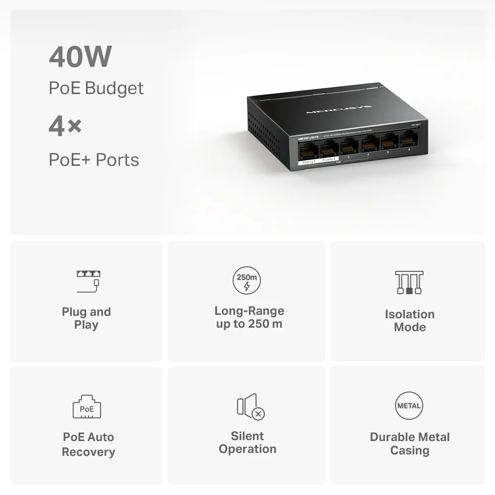 Комутатор MERCUSYS MS106LP 6xFE (4xPoE), 40Вт, Некерований