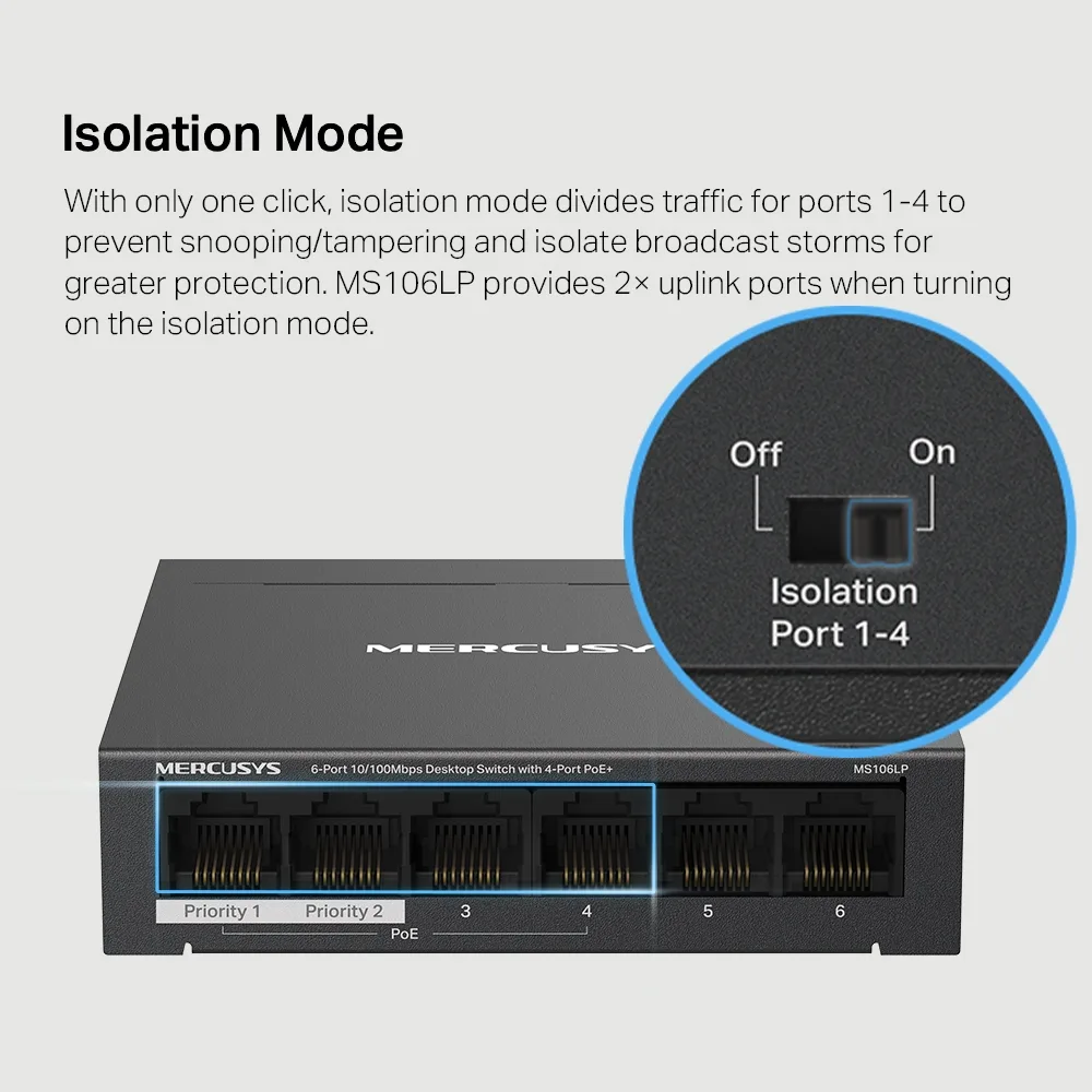 Комутатор MERCUSYS MS106LP 6xFE (4xPoE), 40Вт, Некерований