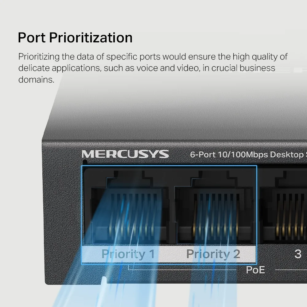 Комутатор MERCUSYS MS106LP 6xFE (4xPoE), 40Вт, Некерований