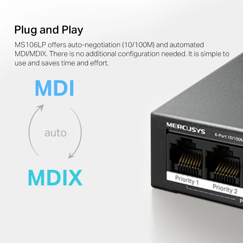 Комутатор MERCUSYS MS106LP 6xFE (4xPoE), 40Вт, Некерований