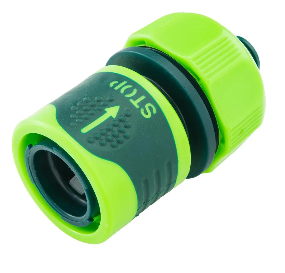 Конектор для шланга Verto, 3/4", з системою AquaStop, двокомпонентний, прогумований, з антиковзким покриттям.