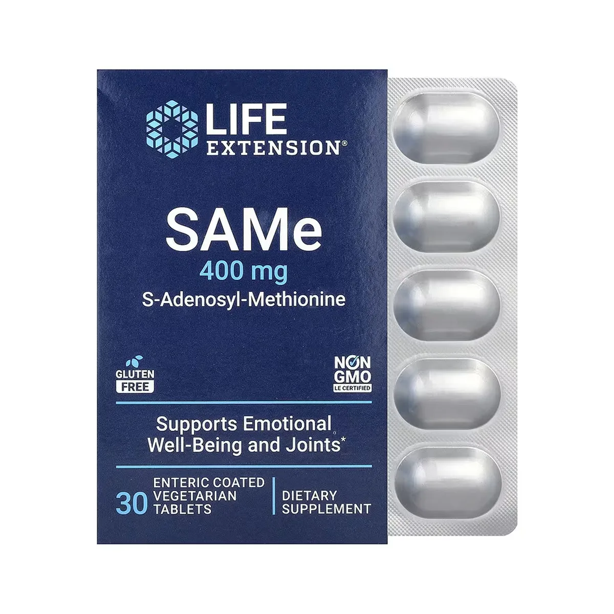 SAMe 400 мг добавка Life Extension 30 таблеток без ГМО для суглобів та настрою.
