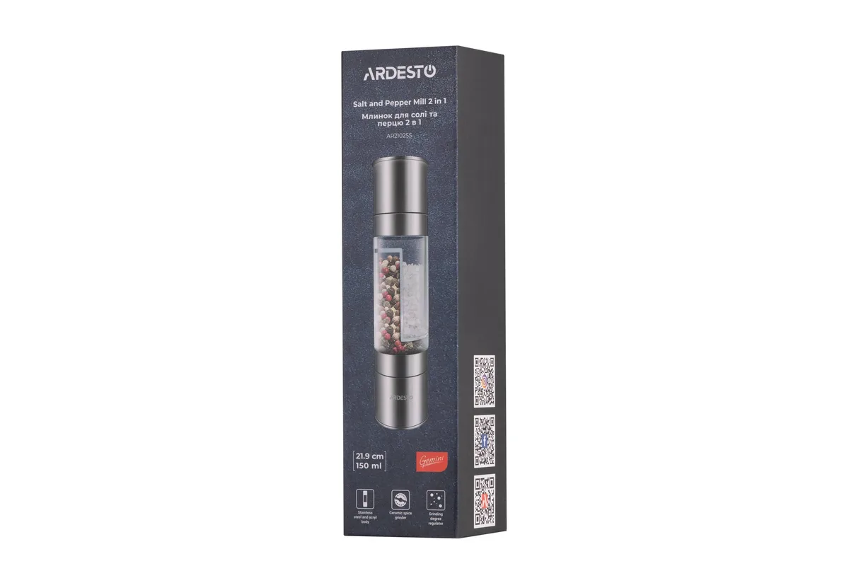 Млинок для спецій 2 в 1 ARDESTO Gemini, 140 мл, акрил, нержавіюча сталь, прозорий.