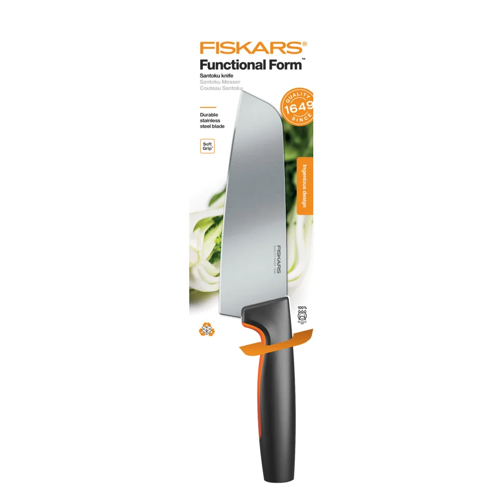 Кухонний ніж для приготування їжі Santoku Fiskars Functional Form, 16 см, з нержавіючої сталі, з пластиковою ручкою, чорного кольо