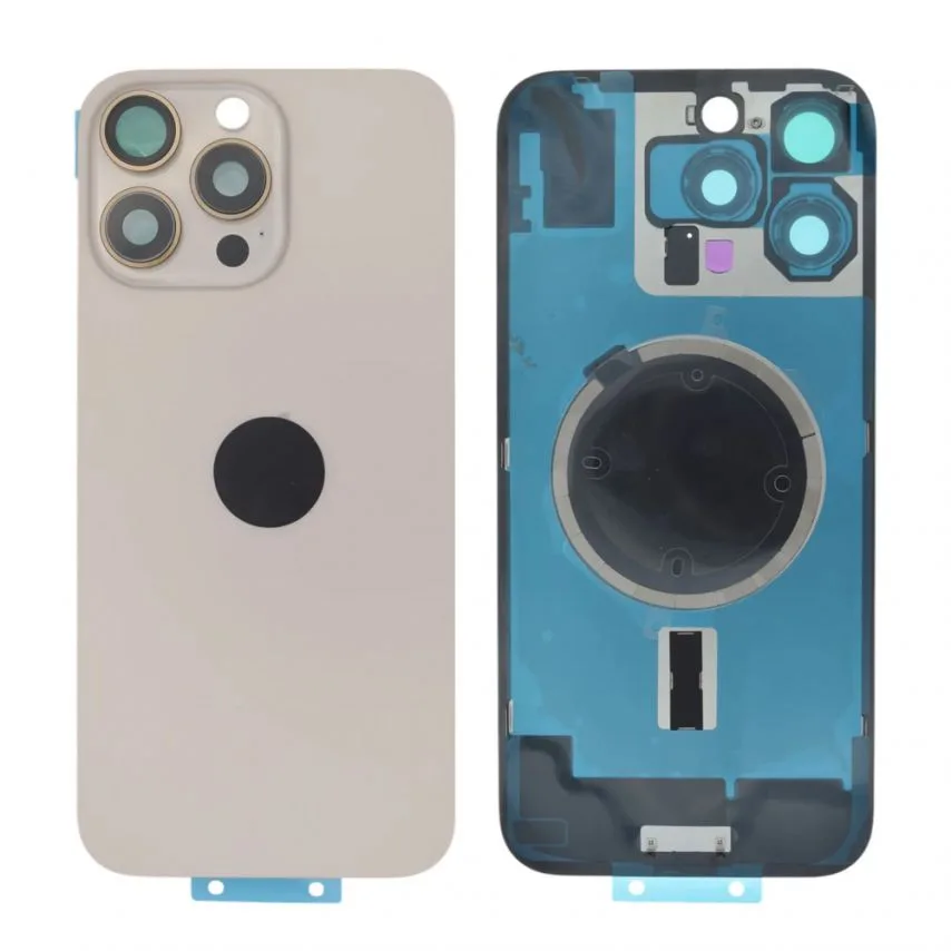 Задняя крышка Apple iPhone Original Quality 16 Pro Max со стеклом и рамкой камеры бежевого цвета.