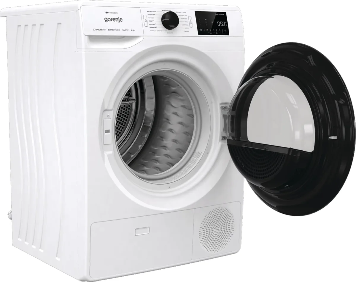 Сушильна машина Gorenje з тепловим насосом, 9 кг, клас енергоефективності A++, 60 см, з дисплеєм, 16 режимами, Wi-Fi, біла.