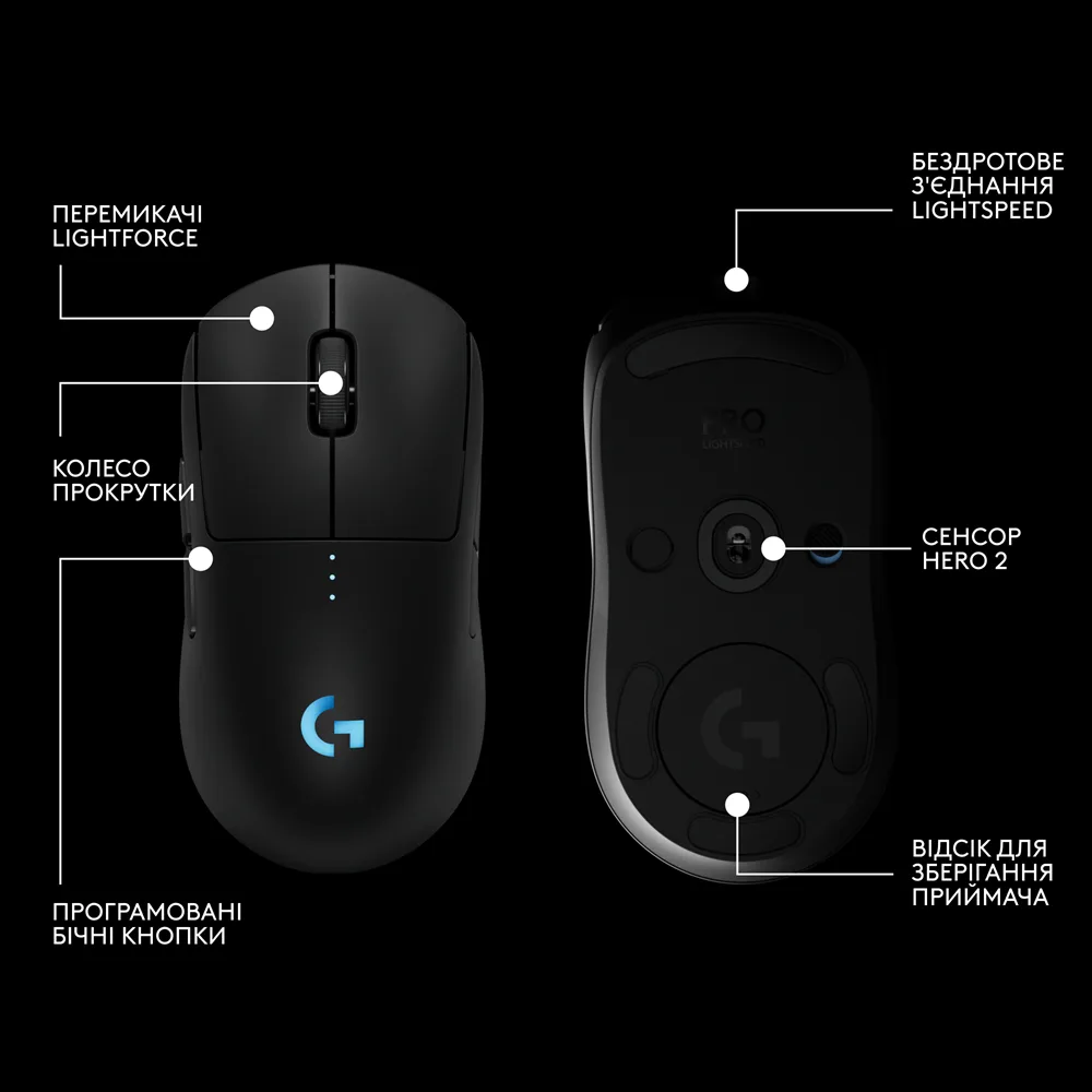 Миша Logitech G PRO 2 бездротова оптична середня чорна 100-44000 dpi