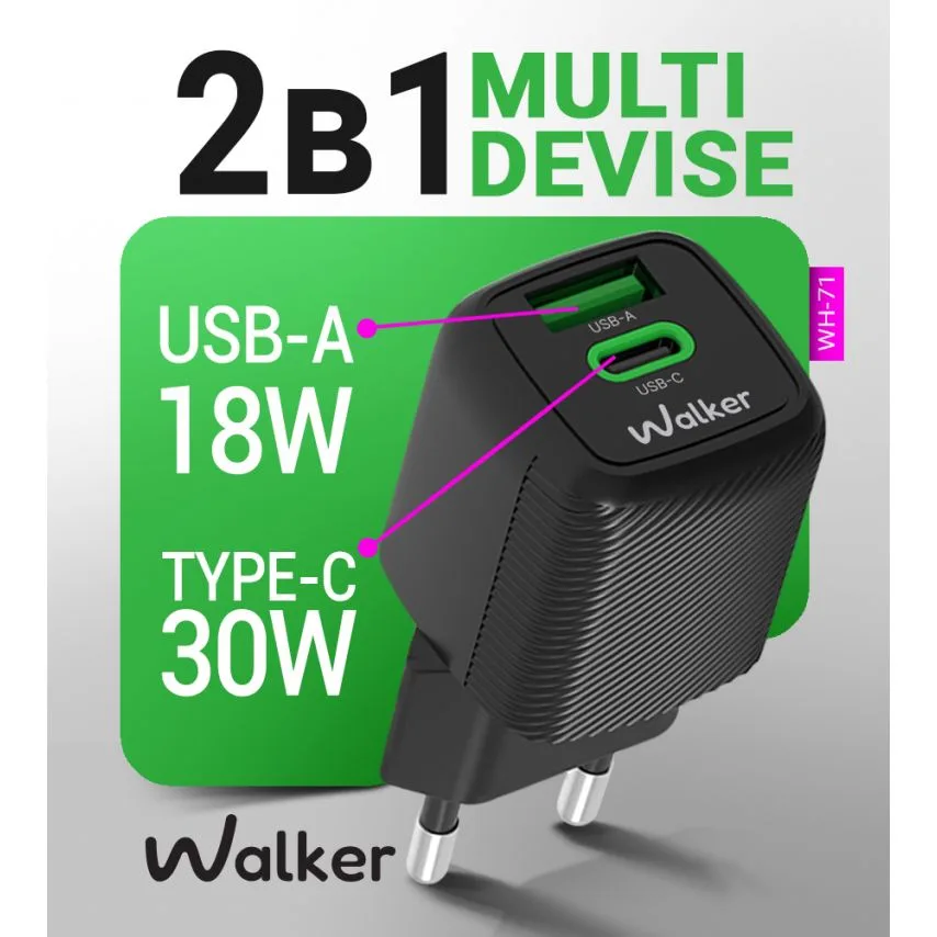 Мережевий зарядний пристрій WALKER GaN 30W Type-C чорний 1м кабель