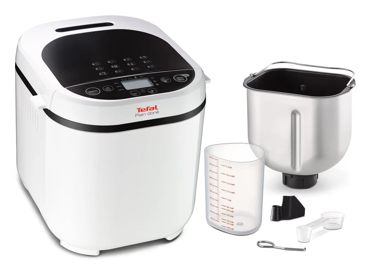 Хлібопічка Tefal PainDore 720Вт, 1 програма, максимальна вага 1 кг, прямокутна форма, пластик, чорно-біла.