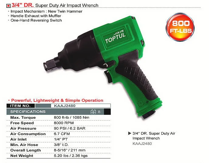 Пневмогайковерт TOPTUL KAAJ2480 3/4 1085N/m 8000об/хв 2,36кг червоний