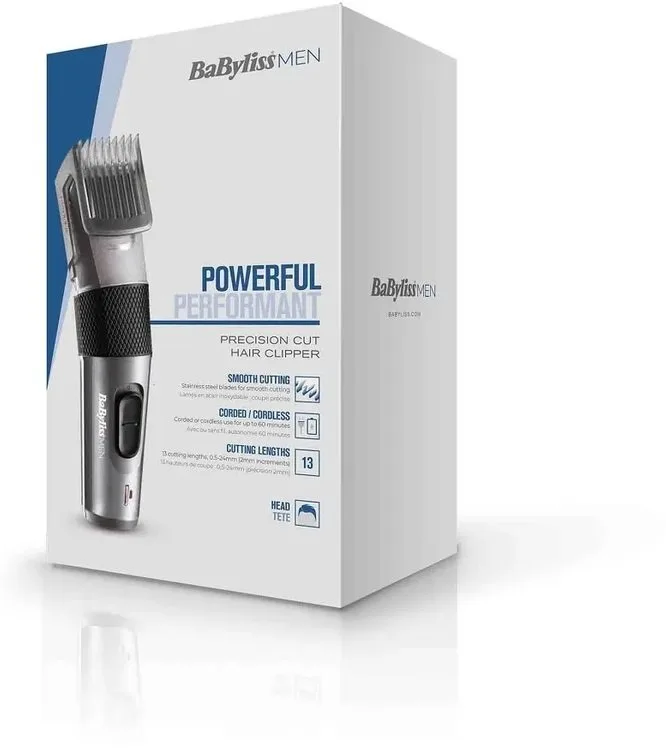 Машинка для стрижки волос Babyliss, с комбинированным питанием (сеть+аккумулятор), вибрационный мотор, одна насадка, в комплекте кейс, изготовлена из стали, серого цвета