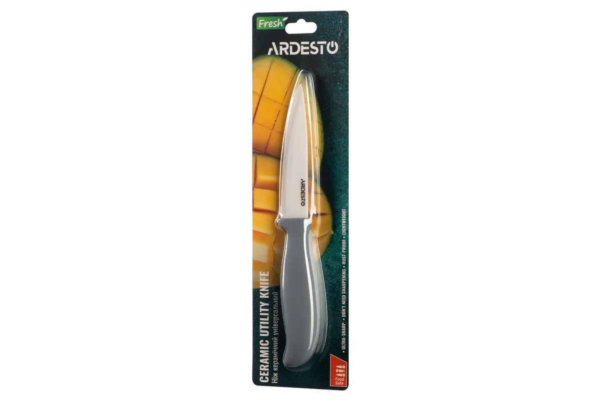 Універсальний керамічний ніж ARDESTO Fresh, 10 см, з пластиковою ручкою, сірого кольору.