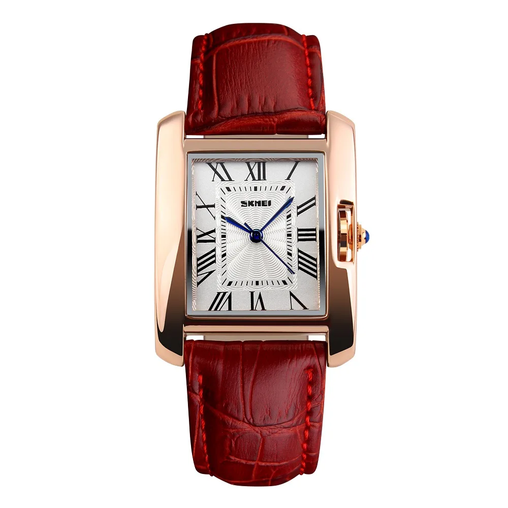 Годинники Skmei металеві 39х30 мм червоні шкіряний ремінець