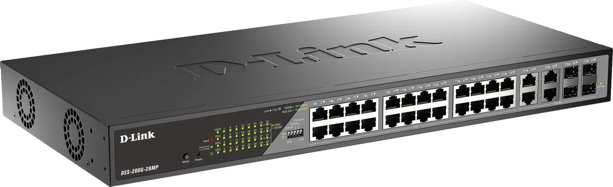 Коммутатор D-Link DSS-200G-28MPP 24xGE PoE, 4xSFP/GE, 518Вт, Некеруемый