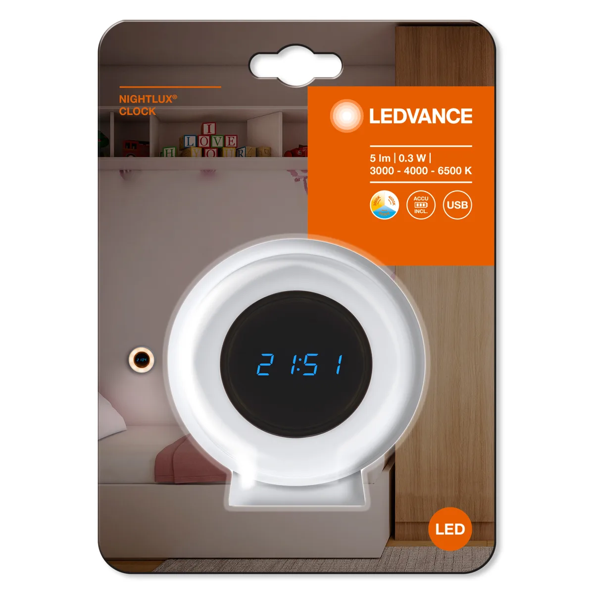 Світильник нічник з акумулятором LEDVANCE NIGHTLUX CLOCK 0.3Вт 3000/4000/6500К 5Лм 1000мА•год годинник USB-A > microUSB білий