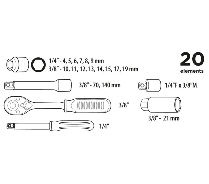Набір інструментів Top Tools, набір торцевих головок 1/4", 3/8", 20шт