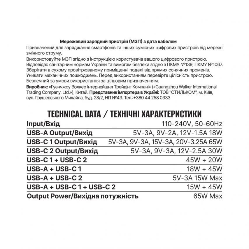 Мережевий зарядний пристрій WALKER 65W GaN 75х53х30 мм Чорний