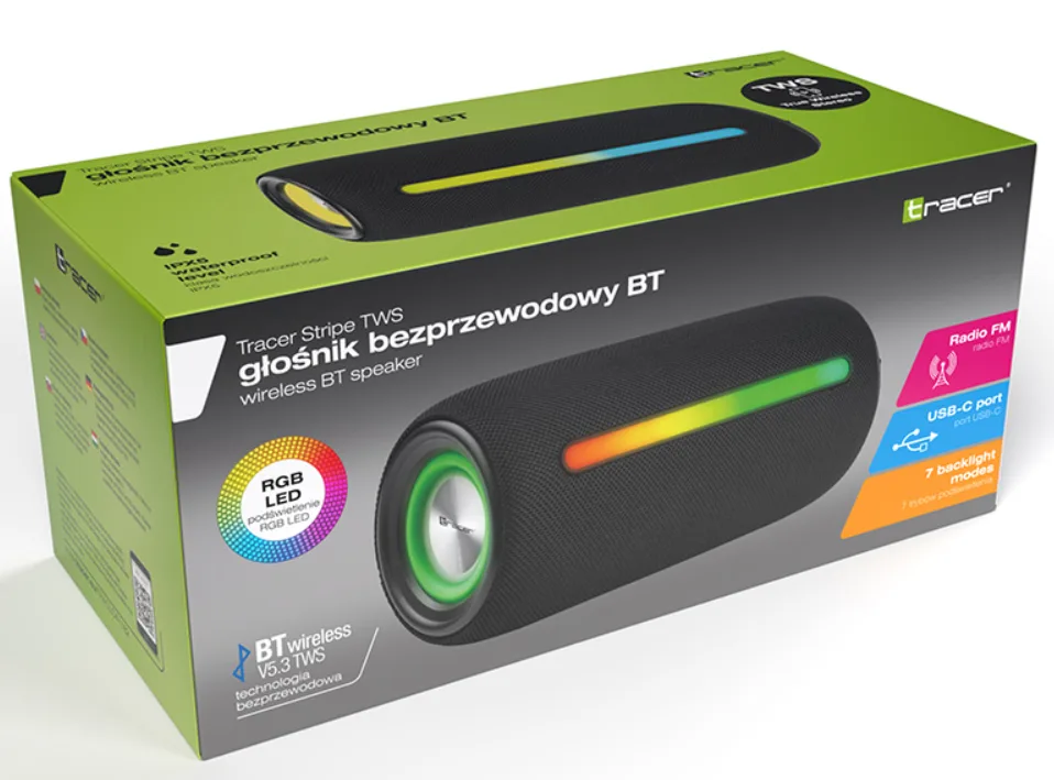 Блютуз колонка Tracer портативная 10 Вт черная IPX5 с RGB подсветкой