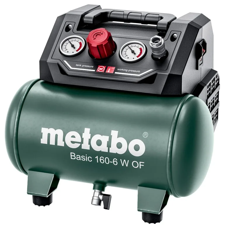 Безмасляний повітряний компресор Metabo BASIC 160-6 W OF, 900 Вт, об'єм 6 л, продуктивність 160 л/хв, тиск 8 бар, вага 8.4 кг.