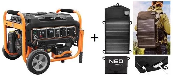 Бензиновий генератор Neo Tools 230В, 2.8/3кВт, з електричним стартером, вага 45кг + Портативний сонячний зарядний пристрій.