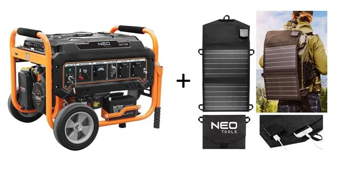 Бензиновый генератор Neo Tools 230В, 28/3кВт, с электрическим стартером, вес 45кг + Портативное солнечное зарядное устройство