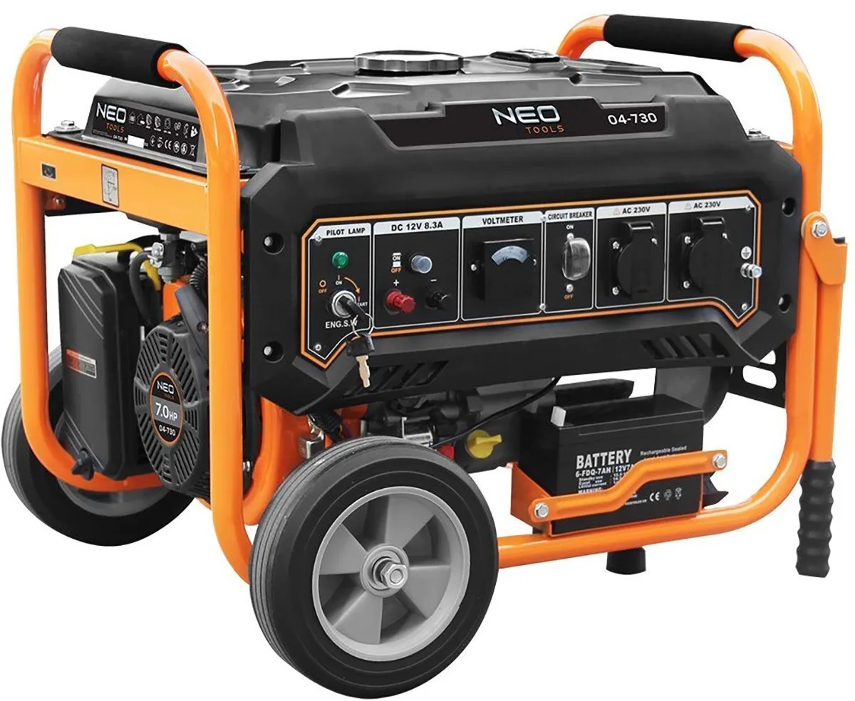 Бензиновый генератор Neo Tools 230В, 28/3кВт, с электрическим стартером, вес 45кг + Портативное солнечное зарядное устройство