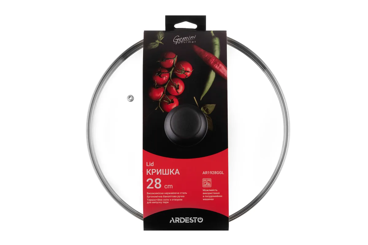 Кришка ARDESTO Gemini Gourmet, 28 см, жаростійке скло, нержавіюча сталь, бакеліт.