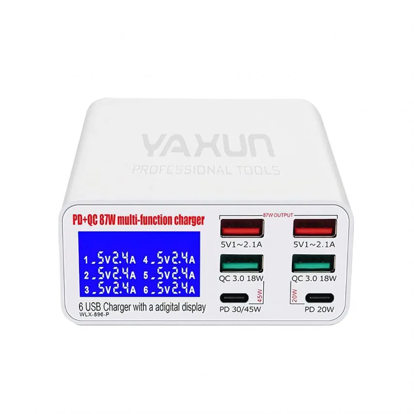 Зарядний пристрій Yaxun вогнетривкий пластик 87 Вт 6 портів USB Type-C