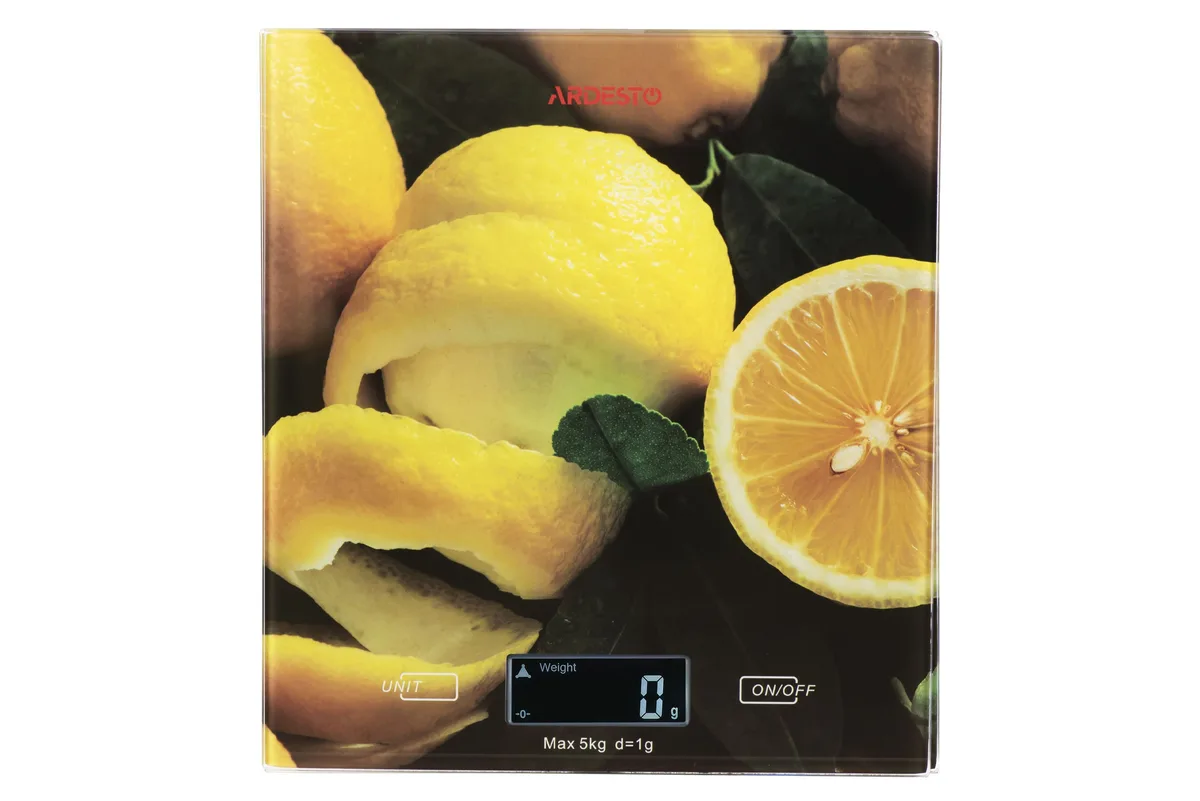 Кухонні ваги ARDESTO Lemon, 5 кг, AAAx2 в комплекті, скляні, багатоколірні.