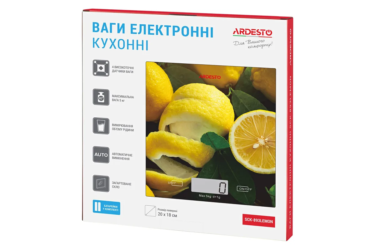 Кухонні ваги ARDESTO Lemon, 5 кг, AAAx2 в комплекті, скляні, багатоколірні.