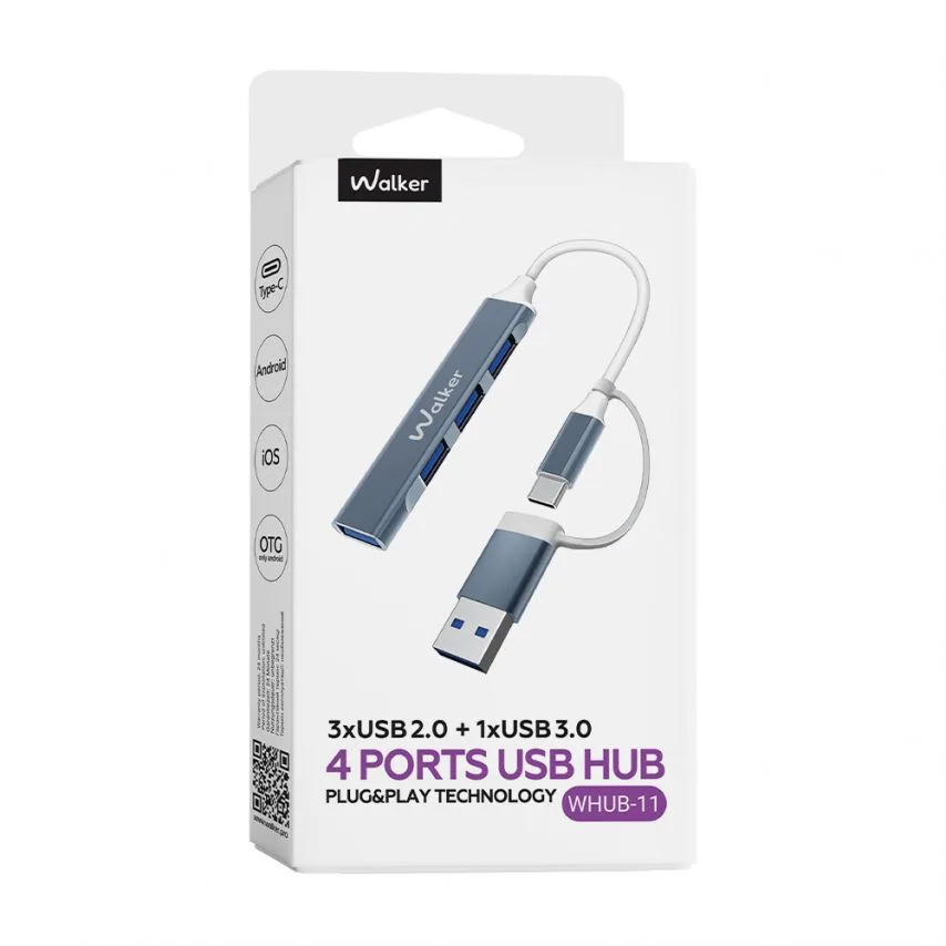 Перехідник USB-хаб 4 порти металевий сірий
