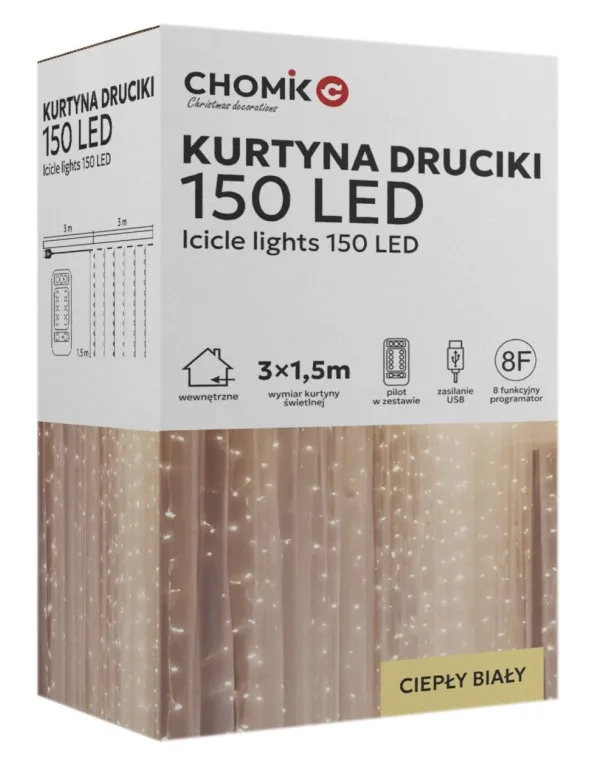 Гірлянда електрична Chomik срібляста 3х1,5 м 150 LED теплий білий USB з пультом