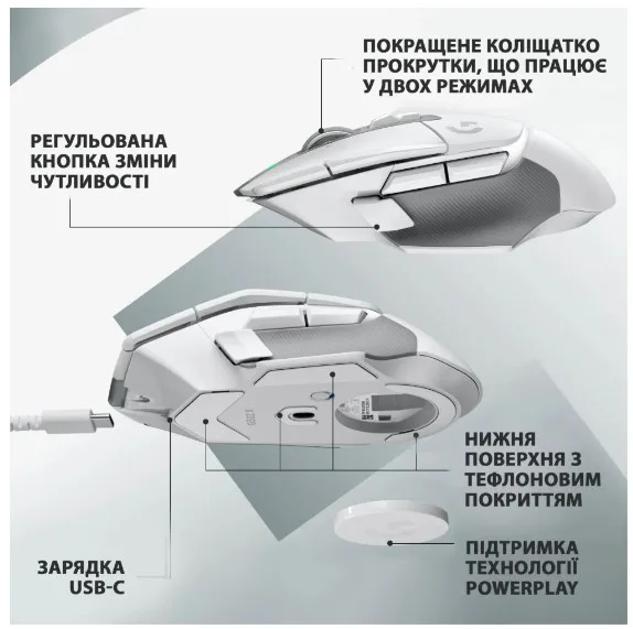 Миша Logitech геймерська бездротова оптична велика біла 25600 dpi 11 кнопок