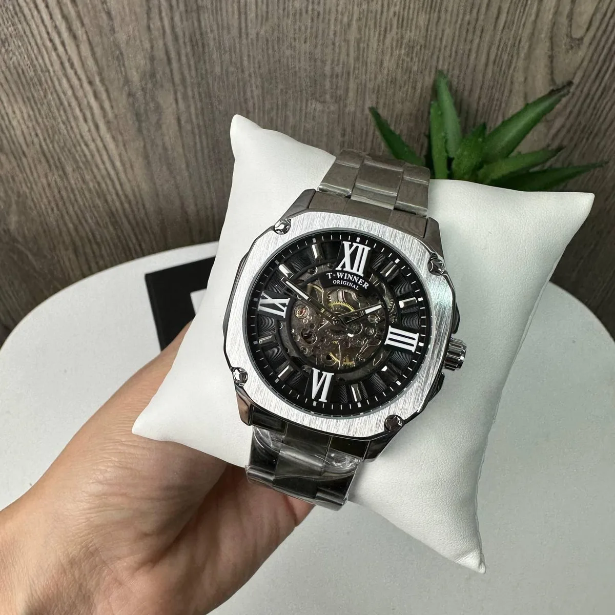 Мужские механические часы Winner GMT-1159 Gold скелетон с автоподзаводом металлические 24 см серебро с черным