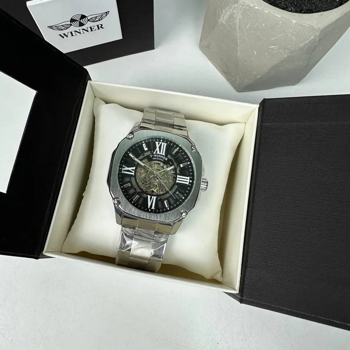 Мужские механические часы Winner GMT-1159 Gold скелетон с автоподзаводом металлические 24 см серебро с черным
