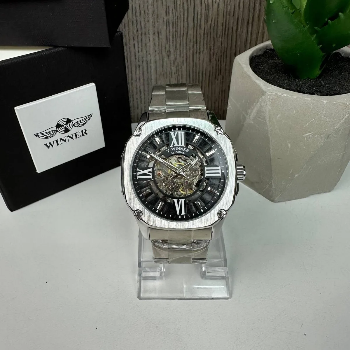 Мужские механические часы Winner GMT-1159 Gold скелетон с автоподзаводом металлические 24 см серебро с черным