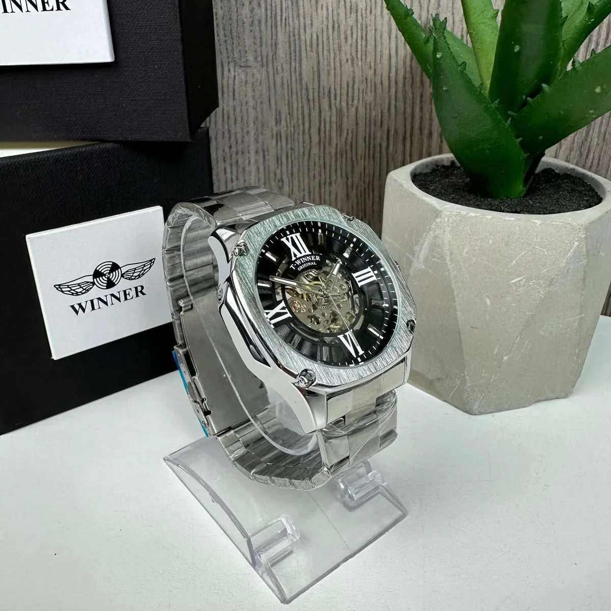 Мужские механические часы Winner GMT-1159 Gold скелетон с автоподзаводом металлические 24 см серебро с черным