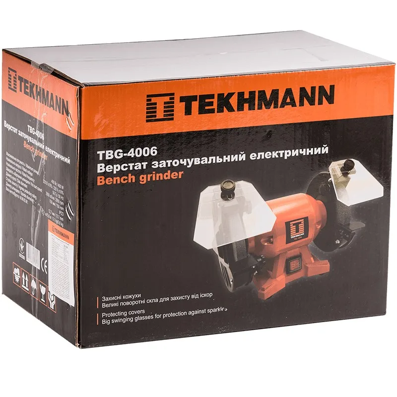 Заточувальний верстат Tekhmann TBG-4006, потужність 400Вт, діаметр кола 150х13мм, вага 5.1кг.
