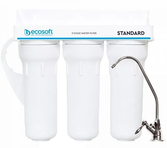 Фільтр для води Ecosoft Standard трьохступеневий, вдосконалений набір картриджів з Ecomix, краник для крапельного водозабору.
