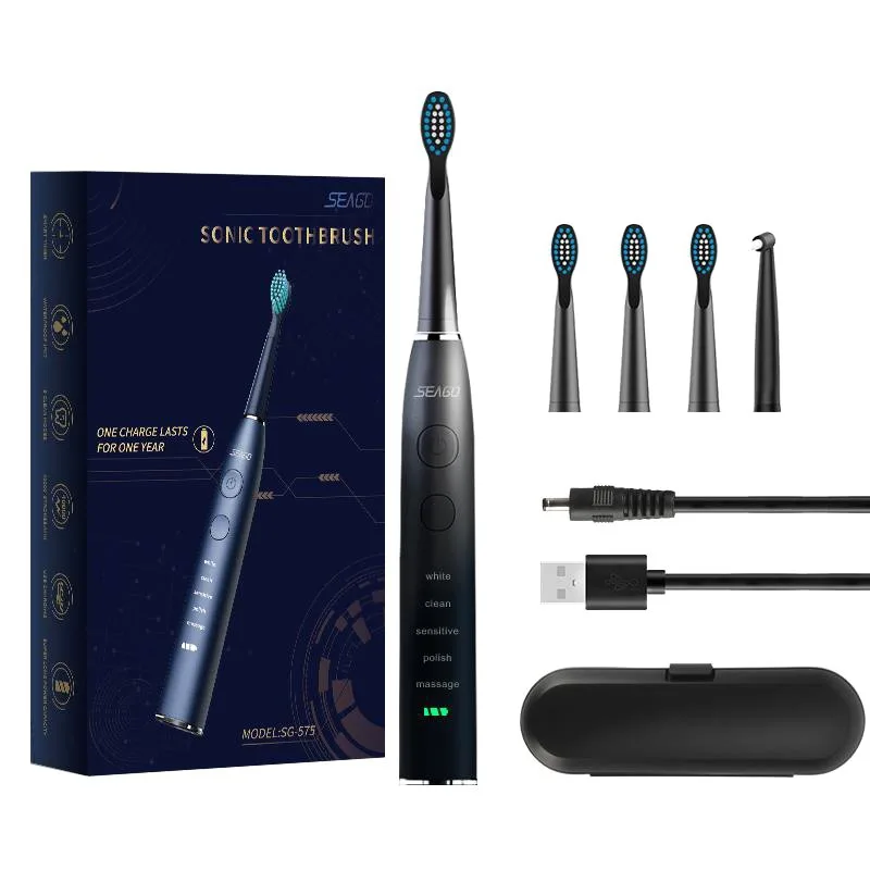 Электрическая зубная щетка Seago SG-575 звуковая 5 режимов IPX7 черная 40000 колебаний/мин